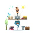 Surprised bearded businessman working at the desk on laptop. Manager thinking and the idea coming up. Concept questions