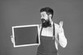 Surprised bearded man in barber apron hold school blackboard red background copy space, enrollment