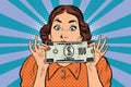 Surprised beautiful retro woman, banknote hundred dollars