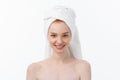 Surprised Beautiful Young Woman After Bath with A Towel On Her Head Isolated On white Background. Skin Care And Spa Royalty Free Stock Photo