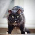 Surprised black fluffy cat with and white paws. Royalty Free Stock Photo