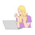 Surprised blond girl with open mouth looks in laptop computer. A Royalty Free Stock Photo