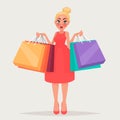 Surprised blond girl with packages. Woman shopping. Vector illustration