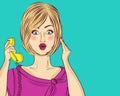 Surprised blonde pop art woman chatting on retro phone. Comic wo