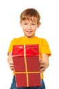 Surprised boy with wrapped box Royalty Free Stock Photo