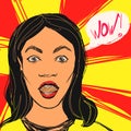 Surprised brunette woman with open mouth and Wow text. Vector hand drawn pop art illustration.