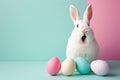 Surprised bunny against soft blue and pink background, perfect for Easter promotions. Copy space for text. Easter sale