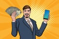 Surprised business man smile and show lot of money and smartphone in hands