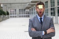 Surprised businessman with a note on his forehead Royalty Free Stock Photo