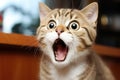 Surprised cat with open mouth. Advertising banner, funny pet