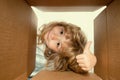 Surprised child boy with thumb up unpacking, opening carton box and looking inside. The package, delivery, surprise