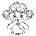 Surprised child girl close mouth with hand, stop talk, silence, secret line icon. Fear, shock emotion. Hiccup, nausea. Vector