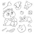 Surprised child and kitten. Hygiene items, baby care and toys. Chubby curly puzzled kid with big eyes and cat. Vector