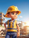 Surprised child in a yellow helmet on the background of a building under construction