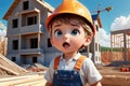 Surprised child in a yellow helmet on the background of a building under construction