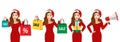 Surprised christmas beautiful woman in santa hat with shopping bag, gift box and megaphone on white background vector