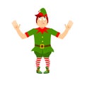 Surprised Christmas elf raised his hands to sides. Discouraged a