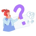 Surprised confused school child holding question mark. Kids education, flat vector.