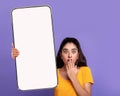 Surprised confused young arab lady covers her mouth with hand, shows big smartphone with blank screen