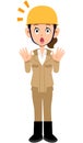 Surprised construction site worker woman beige work clothes