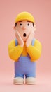 Surprised Construction Worker Cartoon Character with Open Mouth and Hands Royalty Free Stock Photo