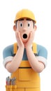 Surprised Cartoon Worker with Hands on Face in Shocked Expression, Yellow Overalls, Isolated Royalty Free Stock Photo