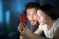 Surprised couple checking phone in the night at home