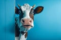 Surprised cow peeking from corner on blue background.