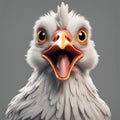 surprised crazy cute chicken, bulging eyes, beak wide open, flapping wings, cartoon style, hyper-realistic