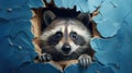 surprised curious raccoon looks out a hole in a wall with cracks, on a blue background