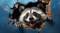 surprised curious raccoon looks out a hole in a wall with cracks, on a blue background