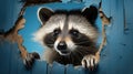 surprised curious raccoon looks out a hole in a wall with cracks, on a blue background