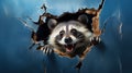 surprised curious raccoon looks out a hole in a wall with cracks, on a blue background