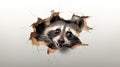 surprised curious raccoon looks out a hole in a wall with cracks, on a white background