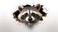 surprised curious raccoon looks out a hole in a wall with cracks, on a white background