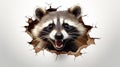 surprised curious raccoon looks out a hole in a wall with cracks, on a white background