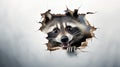 surprised curious raccoon looks out a hole in a wall with cracks, on a white background