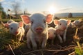 Surprised and curious young piglets look at the camera, close-up