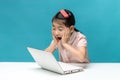 Surprised, Cute asia little girl who enjoy the laptop computer o Royalty Free Stock Photo