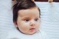 Surprised cute baby with blues eyes close portrait, lying in bed Royalty Free Stock Photo