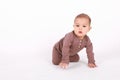 Surprised baby boy in brown clothes crawling on white Royalty Free Stock Photo