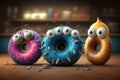 Surprised cute donuts with pop-eyed. Generative AI. Children\'s holiday