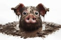 surprised dirty pig with bulging big eyes wallow in the mud isolated on solid white background. ai generative