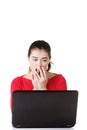 Surprised and disgusted woman working on laptop. Royalty Free Stock Photo