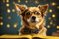 Surprised dog in glasses holding opened book. ai generative Royalty Free Stock Photo