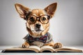 Surprised dog in glasses holding opened book. ai generative Royalty Free Stock Photo
