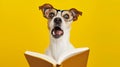 Surprised dog in glasses holding opened book, on yellow background. AI Generative Royalty Free Stock Photo