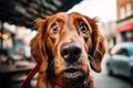 surprised dog looks at the camera against the backdrop of a city street