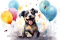surprised dog on solid bright background with colorful balloons.