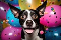 surprised dog on solid bright background with colorful balloons.